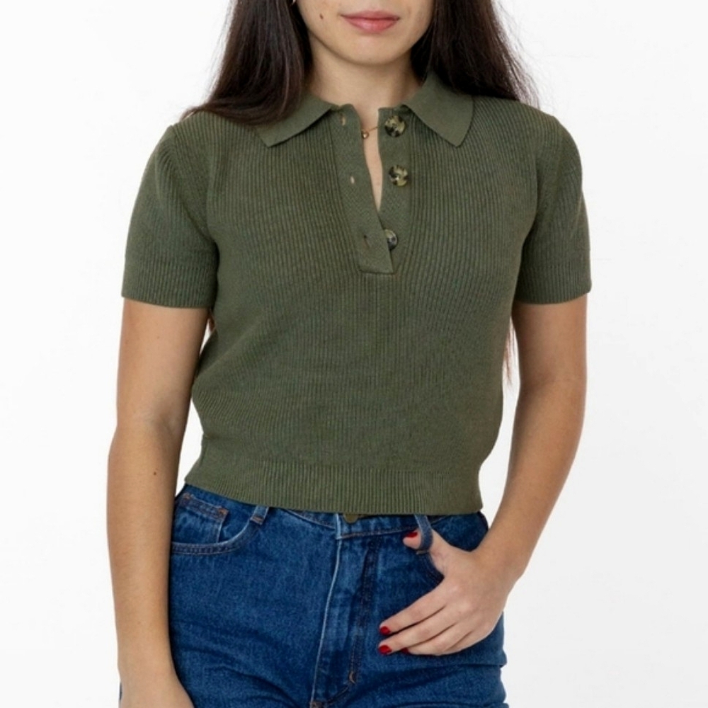 Los Angeles Apparel | Cotton Short Sleeve Cropped Polo Sweater Army Olive Green